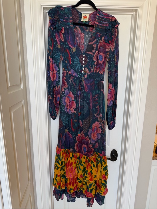 FARM Rio Dresses & Skirts - FARM Rio Navy Multi Floral Tiered Maxi Dress with Yellow Hem
